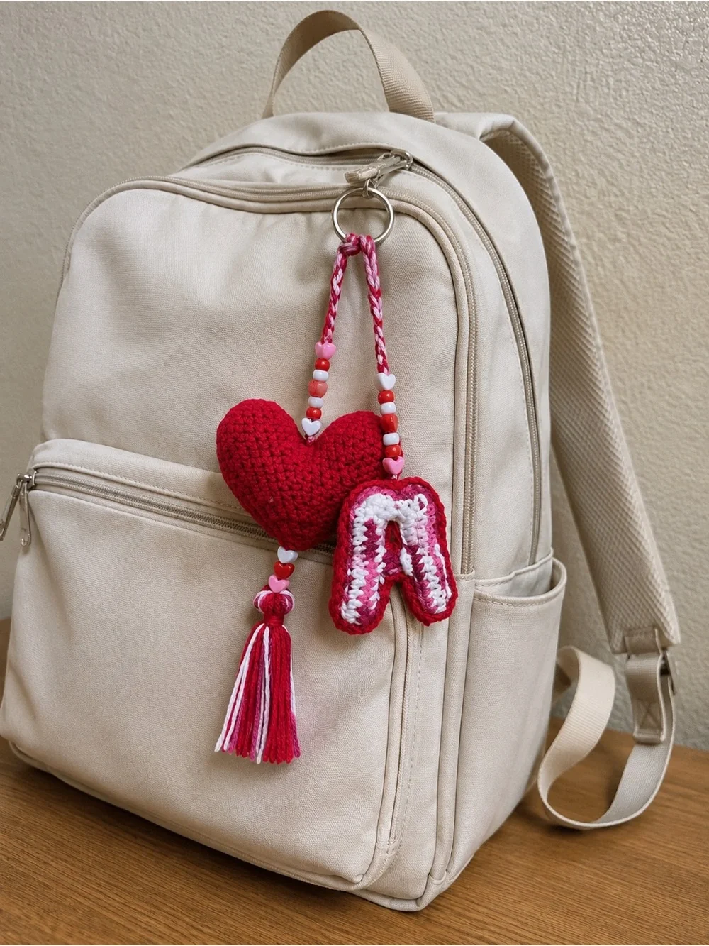 Red Crochet Heart Keychain with Pink Letter A Charm